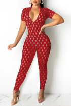 Red Fashion Sexy Solid Ripped Höhlte Skinny Jumpsuits mit V-Ausschnitt