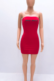 赤のセクシーなプリントパッチワークストラップレスペンシルスカートドレス