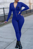 Blauwe sexy skinny jumpsuits met patchwork en ritskraag