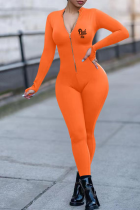 Orange Sexy Print Patchwork Zipper Collar Skinny Jumpsuits