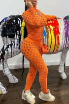 オレンジ ファッション カジュアル ソリッド リッピング 中空アウト タートルネック 長袖 ツーピース