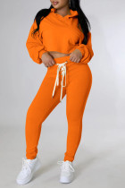 オレンジ カジュアル 無地 包帯 パッチワーク フード付き 襟付き 長袖 ツーピース