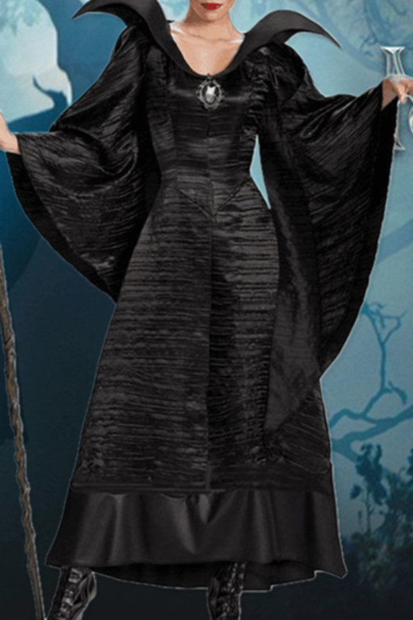Черные модные вечерние однотонные лоскутные косплей платья с круглым вырезом и длинными рукавами (со шляпой)