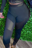 Zwarte mode casual effen patchwork skinny hoge taille potlood broek