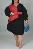 Rood Zwart Mode Casual Patchwork Contrast Rits Kraag Lange Mouw Plus Size Jurken