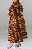 Grijze casual print patchwork met riem turndown kraag overhemdjurk plus size jurken