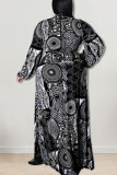 Vestidos de talla grande rectos con cuello en O de patchwork con estampado casual de moda negra