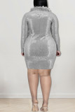 ライトブラウンファッションセクシーな固体スパンコールパッチワーク羽 O ネックワンステップスカートプラスサイズのドレス