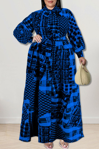 Blue Fashion Casual Print Patchwork Buckle With Bow Shirt Dress Plus Size Dresses
