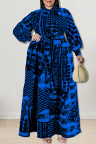 Fivela de patchwork estampa casual moda azul com laço vestidos de camisa plus size