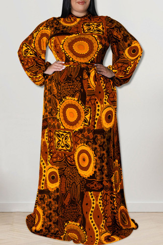 Gold Fashion Casual Print Patchwork O Neck Straight Plus Size Dresses
