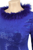 Azul fashion sexy lantejoulas sólidas patchwork penas decote saia um passo vestidos tamanho grande