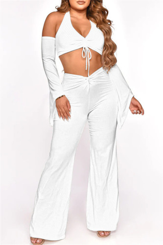 White Fashion Sexy Solid Hollowed Out Frenulum Backless Halter Long Sleeve Two Pieces