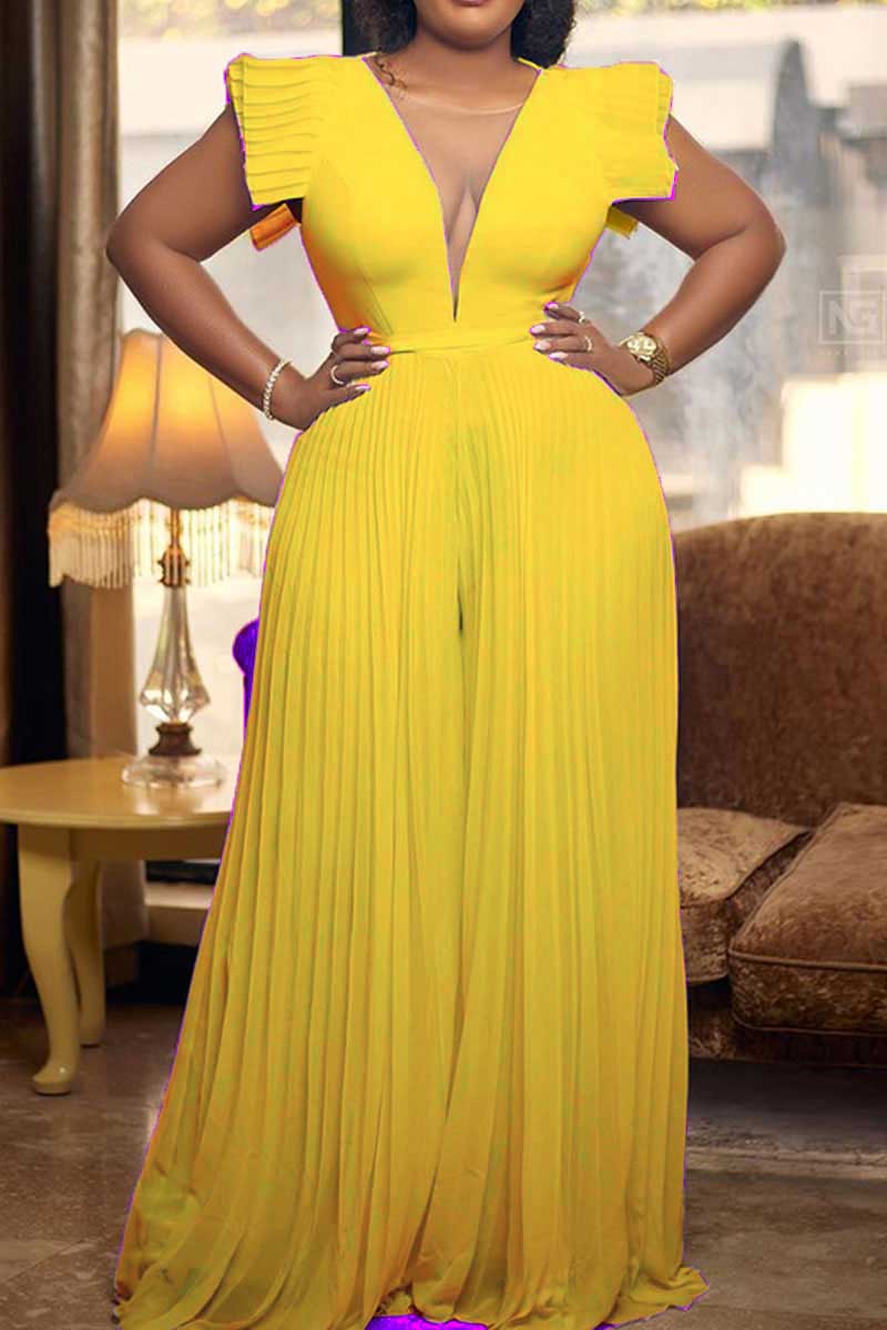 

Yellow Elegant Solid Patchwork Fold V Neck Straight Jumpsuits