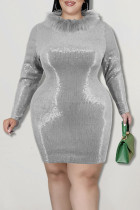 Grey Fashion Sexy Solid Sequins Patchwork Feathers O Neck One Step Skirt Plus Size Dresses