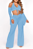 Light Blue Fashion Sexy Solid Hollowed Out Frenulum Backless Halter Long Sleeve Two Pieces