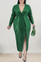 Зеленые сексуальные сплошные блестки в стиле пэчворк с разрезом и V-образным вырезом Платья больших размеров