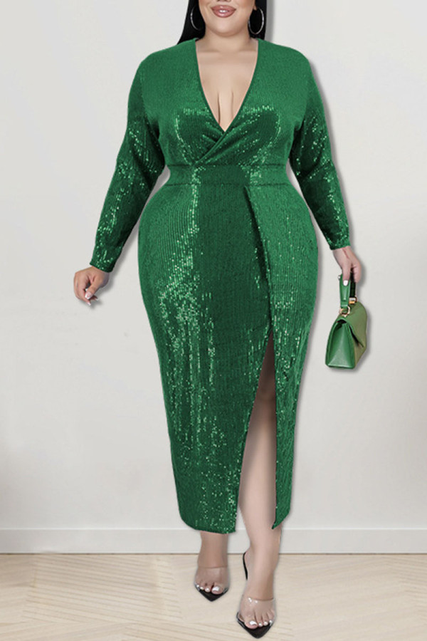 Vestidos plus size de lantejoulas verdes sexy com fenda de retalhos decote em v