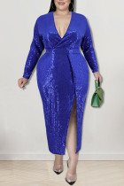 Blue Sexy Solid Sequins Patchwork Slit V Neck Plus Size Dresses