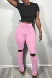 Pink Fashion Casual Solid Ripped Fold Skinny Hose mit hoher Taille