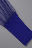Blaue, lässige, solide Patchwork-Kleider mit O-Ausschnitt und geraden Übergrößen
