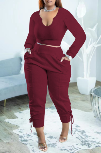 Burgundy Fashion Solid Draw String U Neck Long Sleeve Two Pieces