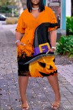 Orange Mode Casual Print Patchwork V-ringad kortärmad klänning