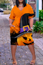 Zwart Oranje Mode Casual Print Patchwork V-hals Jurk met Korte Mouwen