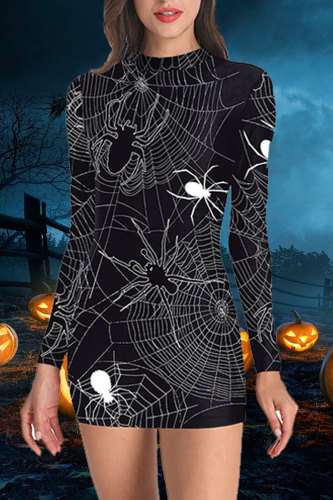 Black Fashion Casual Print Patchwork O Neck Long Sleeve Dresses
