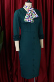 Vestidos de falda de un paso con cuello en O de orillo fibroso con hendidura de retazos sólidos de trabajo informal azul (contiene bufandas de seda)