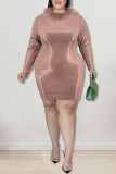 Grey Fashion Sexy Solid Sequins Patchwork Feathers O Neck One Step Skirt Plus Size Dresses
