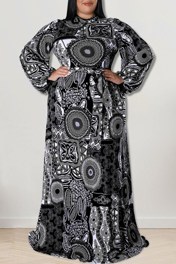 Zwarte mode casual print patchwork O-hals rechte jurken met grote maten