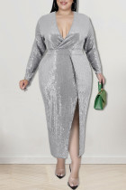 Zilveren sexy effen pailletten patchwork split v-hals plus size jurken
