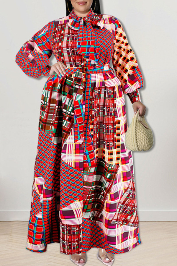 Rode mode casual print patchwork gesp met strik overhemdjurk plus size jurken
