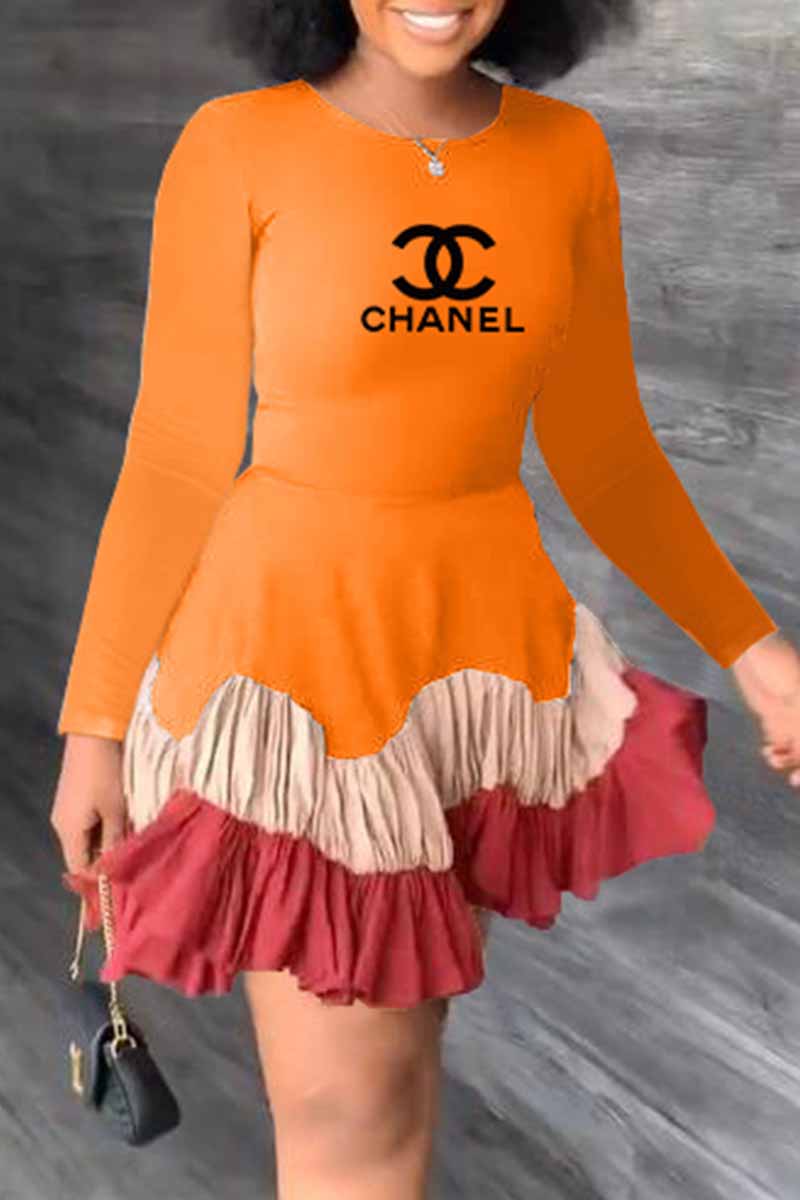

Orange Fashion Elegant Print Patchwork Letter O Neck Princess Dresses