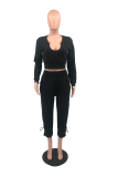 Black Fashion Solid Draw String U Neck Long Sleeve Two Pieces