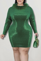 グリーンファッションセクシーな固体スパンコールパッチワーク羽 O ネックワンステップスカートプラスサイズのドレス