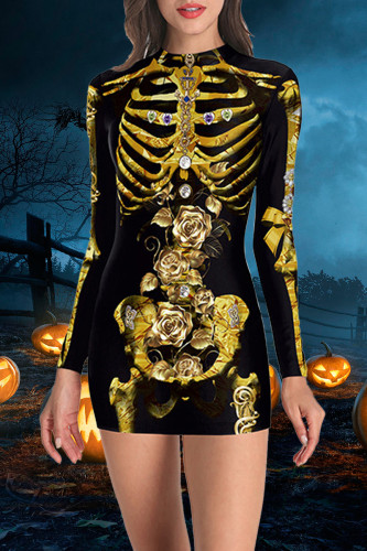 Black Yellow Fashion Casual Print Patchwork O Neck Long Sleeve Dresses