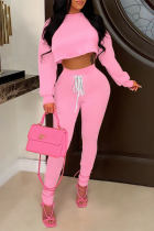Pink Fashion Solid Patchwork V-Ausschnitt Langarm Zweiteiler
