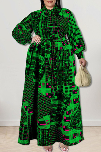Green Fashion Casual Print Patchwork Buckle With Bow Shirt Dress Plus Size Dresses