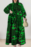 Fivela verde moda casual estampa patchwork com laço vestidos de camisa plus size