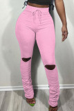 Pantalones pitillo de cintura alta con pliegues rasgados lisos casuales de moda rosa