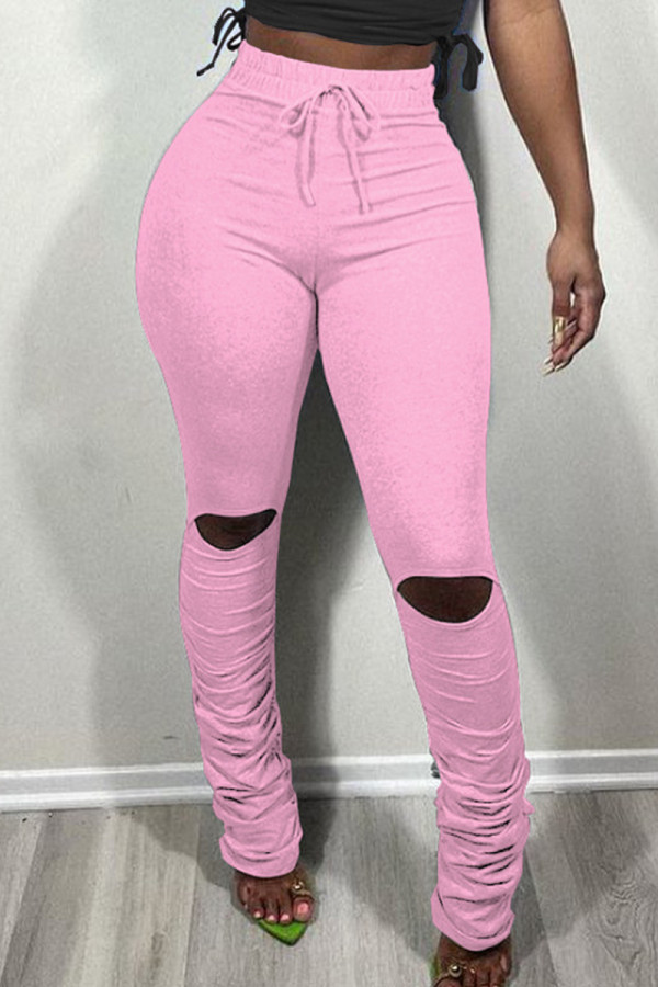 Pantaloni skinny a vita alta skinny con piega strappata tinta unita casual alla moda rosa