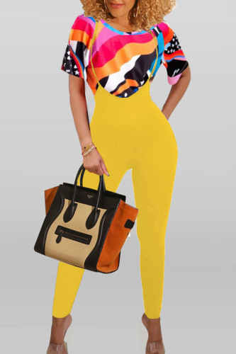 Yellow Fashion Casual Print Patchwork O Neck Short Sleeve Two Pieces