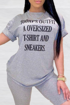 Grey Casual Street Print Patchwork Letter O Neck T-Shirts