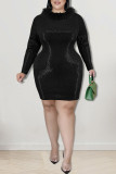 黒のファッションセクシーな固体スパンコールパッチワーク羽 O ネックワンステップスカートプラスサイズのドレス