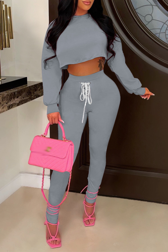 Grey Fashion Solid Patchwork V Neck Long Sleeve Two Pieces