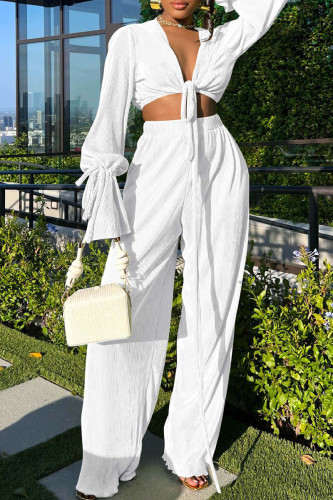 White Sexy Solid Bandage Patchwork V Neck Long Sleeve Two Pieces