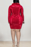 Red Fashion Sexy Solid Sequins Patchwork Feathers O Neck One Step Skirt Plus Size Dresses