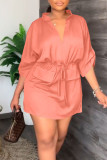 Tangerine Casual Solid Patchwork Draw String V Neck Robes droites